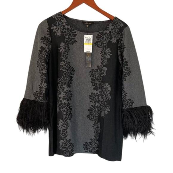 NWT, Melissa Paige Floral Gray, Black Sweater, Penny Lane Style Cuffs/Fur, M - Picture 1 of 14